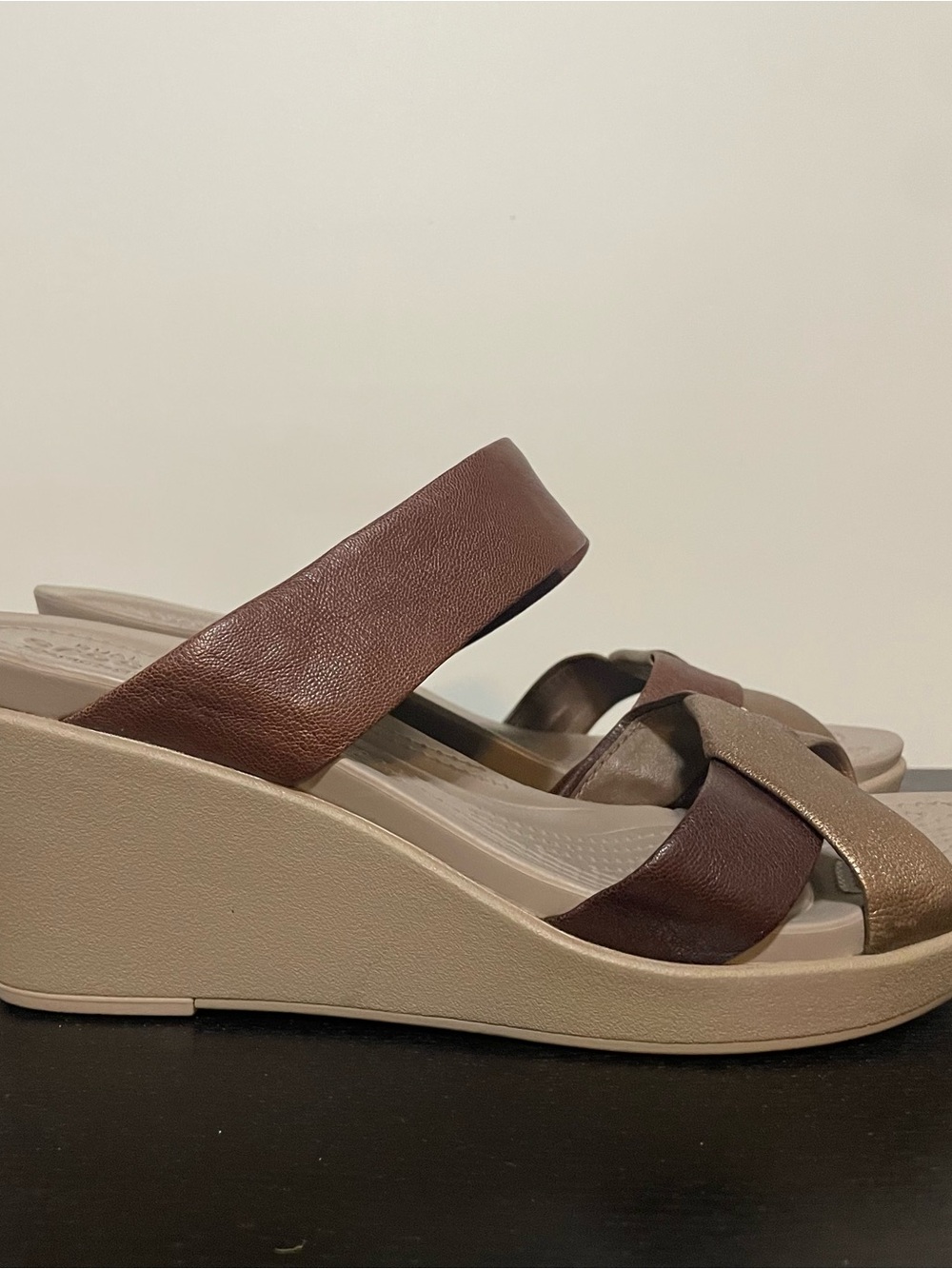 CROCS Women's Brown and Beige Wedge Sandals | Size 9